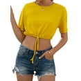 thumbnail image 3 of HUBERY Women Crew Neck Short Sleeve Lace Up Hem Ribbed Solid Color Crop Top, 3 of 7
