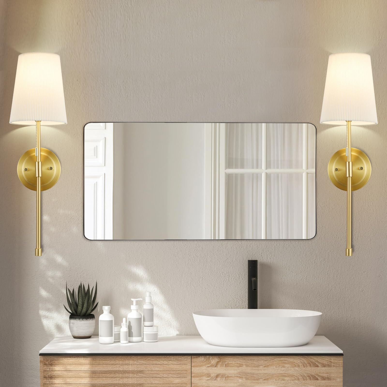 NATYSWAN Wall Sconces Sets of 2, Retro Industrial Wall Lamps with Pull Chain, Bathroom Vanity Sconces Wall Lighting with White Fabric Shade