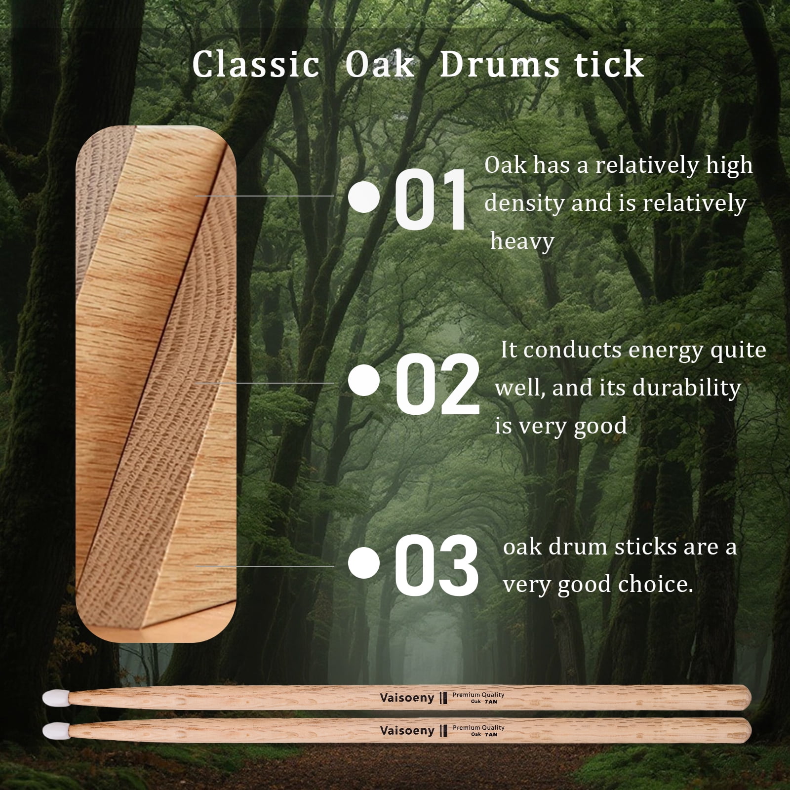 Vaisoeny Drum Sticks 7A, Nylon Tip Drum Sticks Set for Acoustic Drums or Electronic Drums, Oval Nylon Tip Oak Drumsticks for Drummers and beginners (12 Pair)