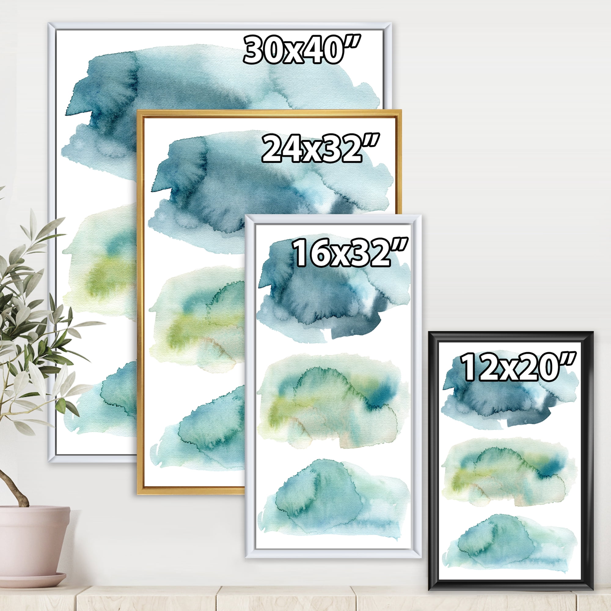 Designart 'Green and Blue Clouds' Modern Framed Canvas Wall Art Print