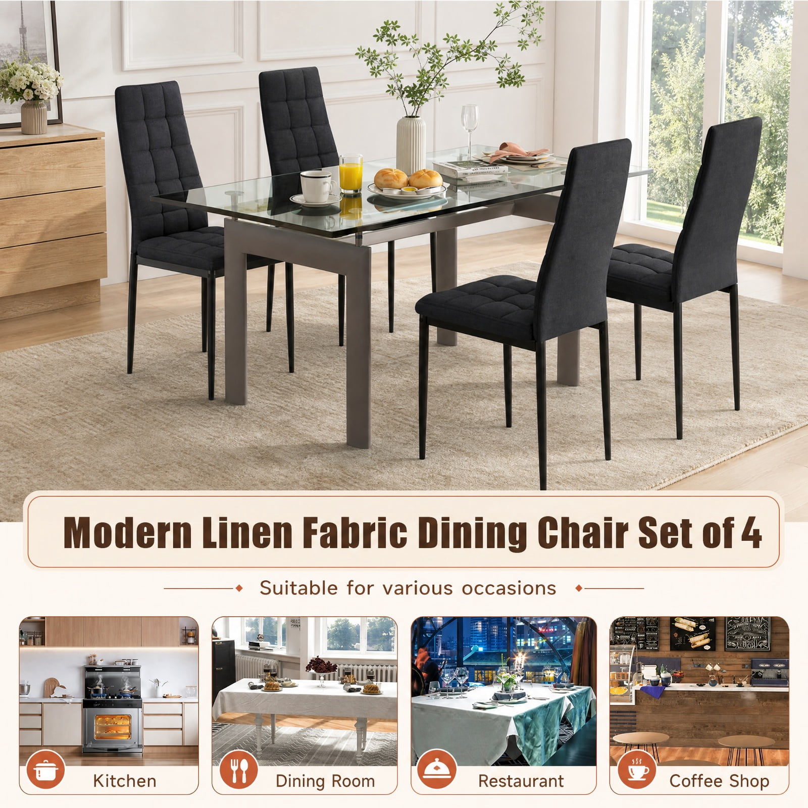 Furnibear Upholstered Dining Chairs Set of 4 with Padded Fabric Cushion and High Back for Kitchen and Dining Room Seating, Black