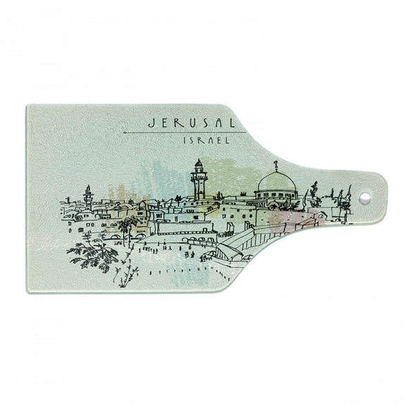 Israel Cutting Board, Jerusalem City Skyline Historical Wailing Wall Sketch, Decorative Tempered Glass Cutting and Serving Board, in 3 Sizes, by Ambesonne