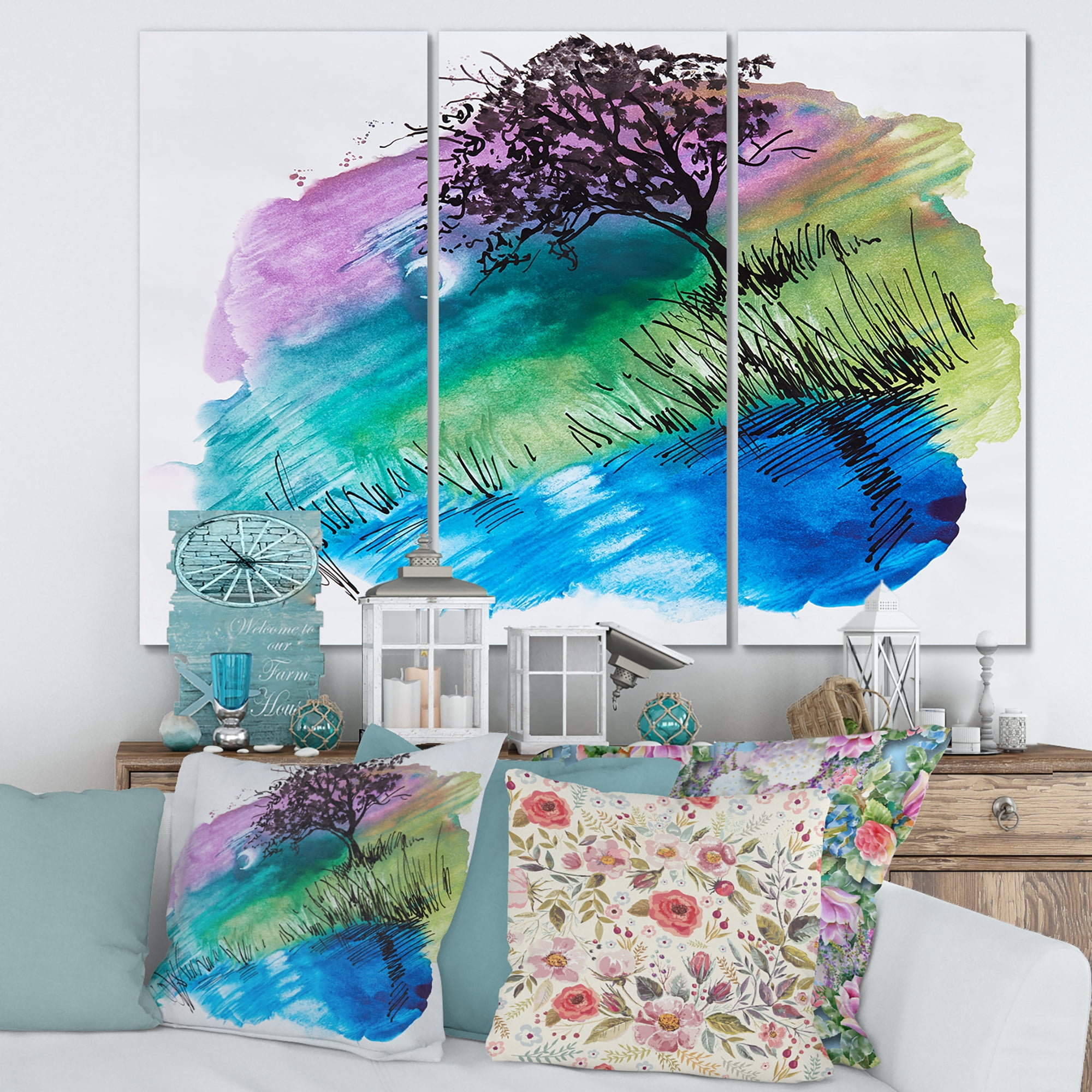 Designart ' Rainbow Silhouette Of Tree On The Riverbank At Night ' Modern Canvas Wall Art Print