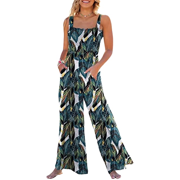 Sunloudy - Mono informal con cuello cuadrado para mujer, a la moda, color sólido/estampado, sin mangas, con pernera ancha Sunloudy S, M, L, XL