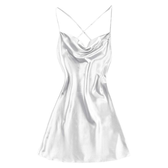 JIAYUE Women's Summer Dresses Versatile Solid Color Mini Backless V Neck Loungewear Female Spaghetti Strap Sleeveless Satin Silk Dress
