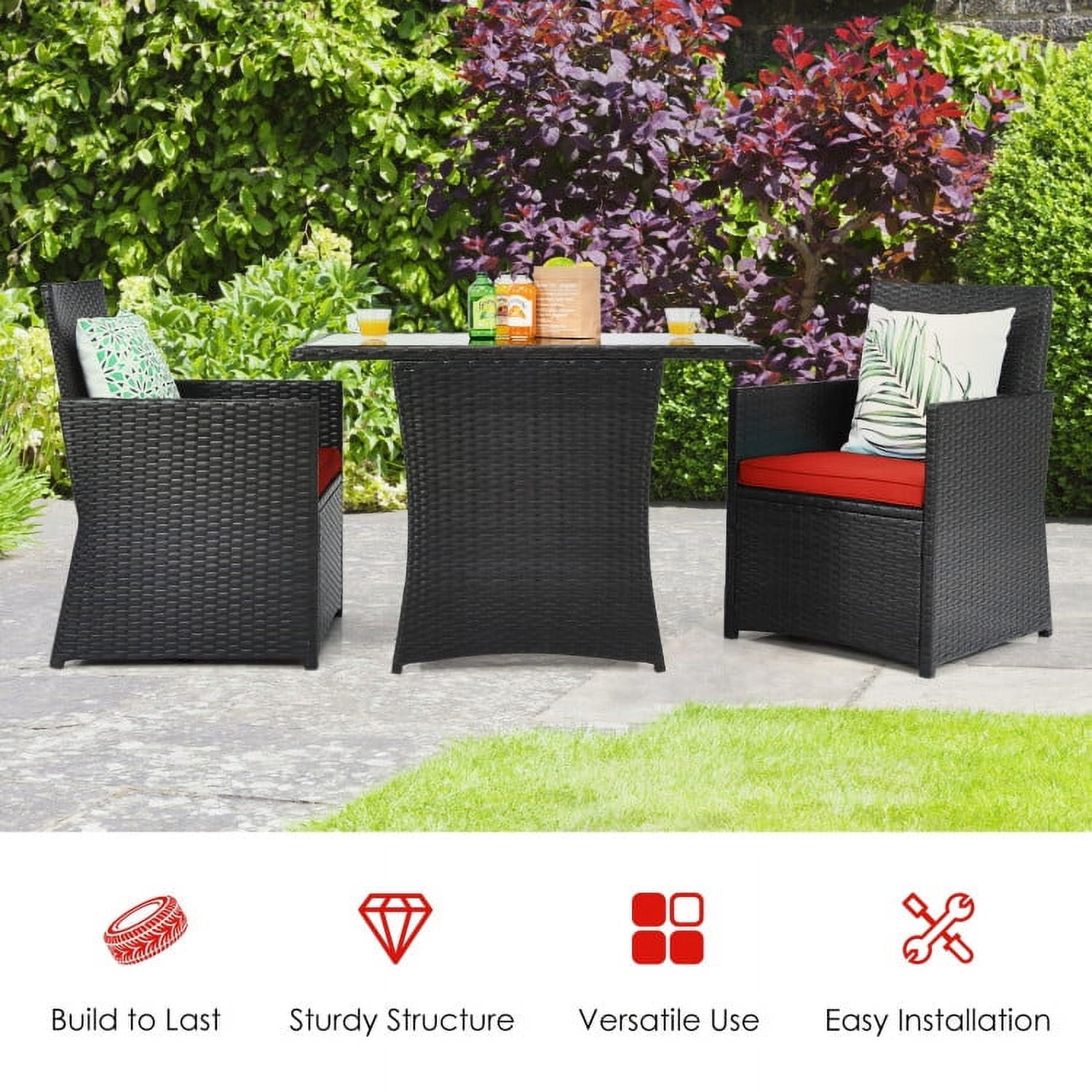 Aimee Lii 3 Pieces Wicker Patio Furniture Set with Cushion and Sofa Armrest, Small Patio Set, Red