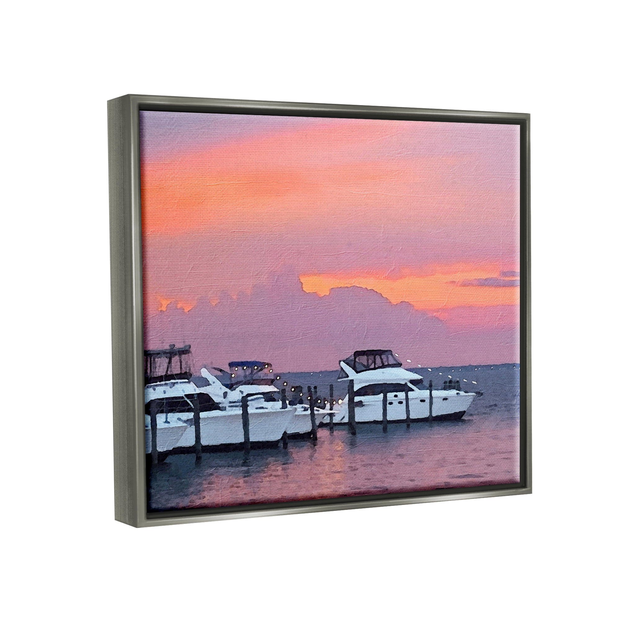 Stupell Industries Boat Harbor Pink Sunset Landscape Coastal Photography Gray Floater Framed Art Print Wall Art