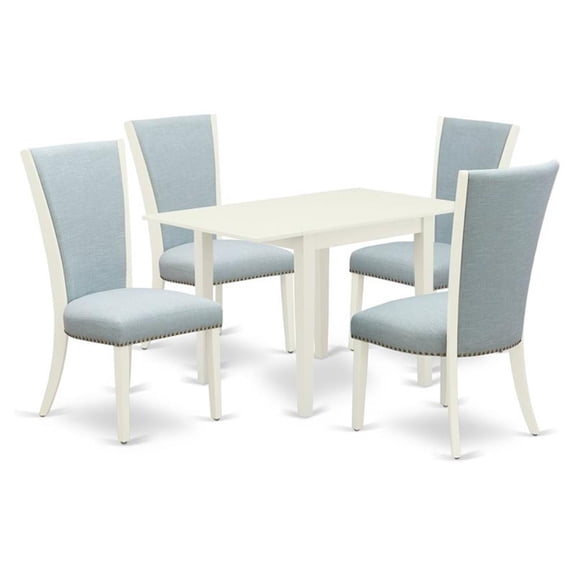 East West Furniture East-West Furniture NDVE5-LWH-15 - A dinette set of 4 amazing kitchen dining chairs with Linen Fabric Baby Blue color and a lovely drop leaf rectangle kitchen table with Linen...