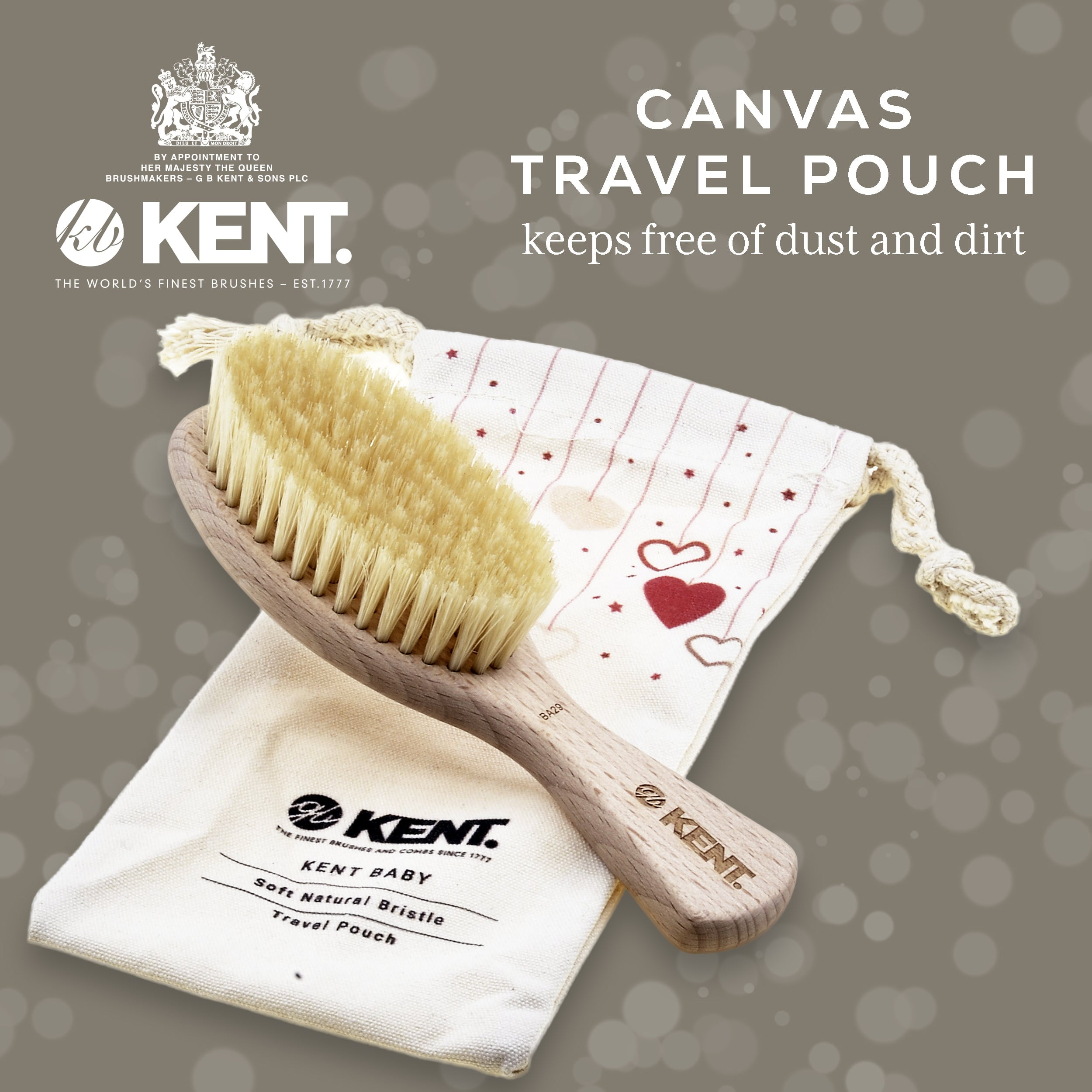 Kent BA29 Cradle Cap Baby Hair Brush with Soft Natural Bristles and Travel Pouch - Baby Essentials for Newborn Hair Brush Made in England