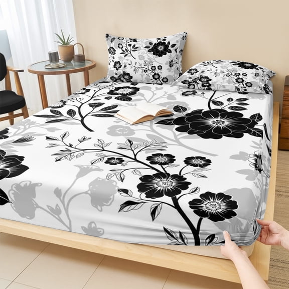 King Size Fitted Sheet Set - Vintage Flowers 3 Piece Bedding Sets 16" Deep Pocket Fitted Sheet with 2 Pillowcases, Black White Farmhouse Floral Plants Brushed Microfiber Hotel Luxury Bed Sheets