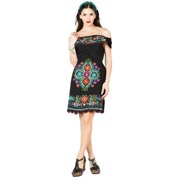Artisanal Embroidered Dress 100% Cotton Black 603089