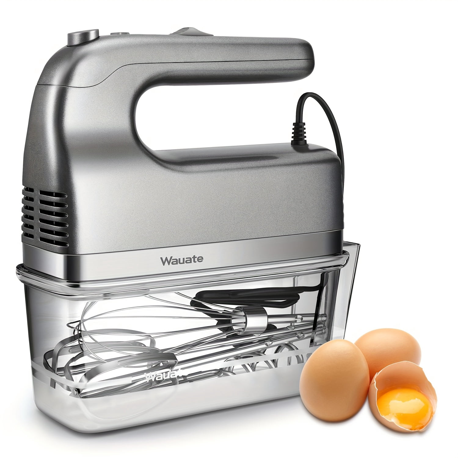 White Hand Mixer Electric, 6 Speed & Turbo Mixer Electric Handheld with Snap-On Storage Case, 5 Stainless Steel Accessories for Whipping, Mixing Cookies, Brownie, Cakes, Dough Batters