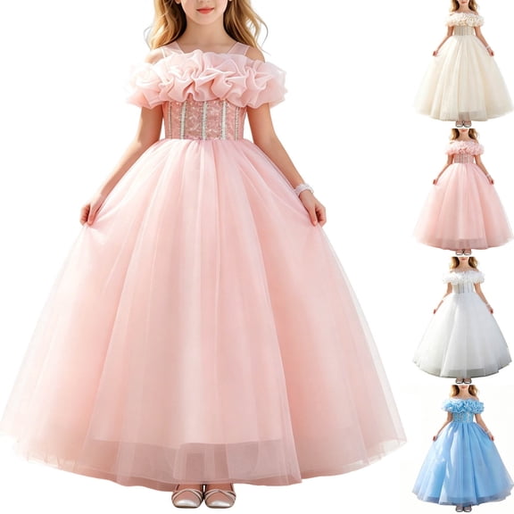 Girls off-Shoulder Tulle Ball Gown with Ruffles & Sequins, formal Princess Dress for 3-13 Years Old, Ideal for Birthdays & Flower Girl Events White 12 Years