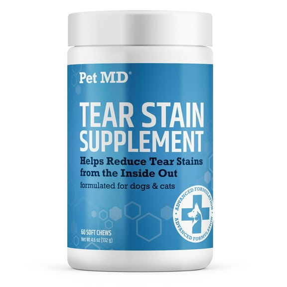 Pet MD Tear Stain Remover for Dogs & Cats - Antioxidant Eye Care Supplement with Lutein, Cranberry, & Omega 3 & 6 - Cat & Dog Tear Stain Remover Chews for White & Light Fur - 60 ct