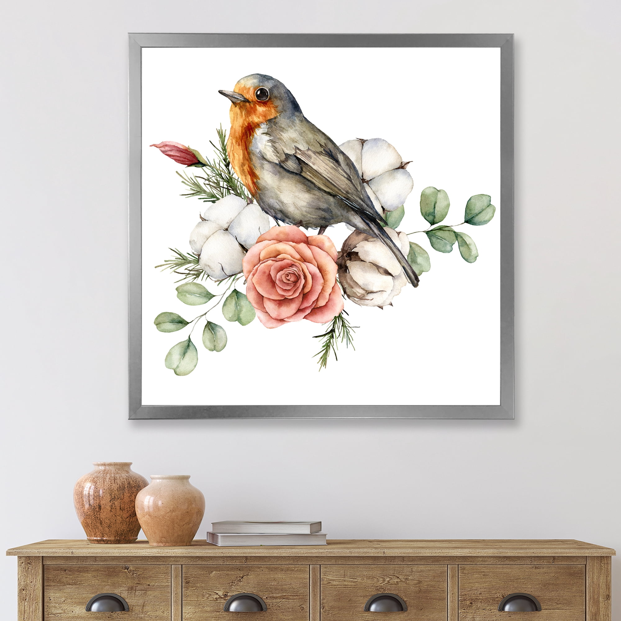 Designart 'Cotton Rose and Leaves With Robin Redbreast' Traditional Framed Art Print
