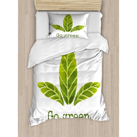 Sage Duvet Cover Set Twin Size, Ecological Concept Hand Painted Style Watercolor Leaves with Go Green Inspirational, Decorative 2 Piece Bedding Set with 1 Pillow Sham, Green White, by Ambesonne