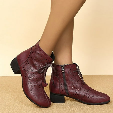 

Christmas Ladies Fashion Solid Color Leather Hollow Round Toe Side Zipper Heel Short Boots