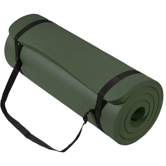 Flexwave by Balancefrom Extra Thick 71"x24" Non-Slip Exercise & Yoga Mat, 1" High-Density Foam, Double-Sided Grip, Moisture-Proof, Lightweight with Straps, Dark green