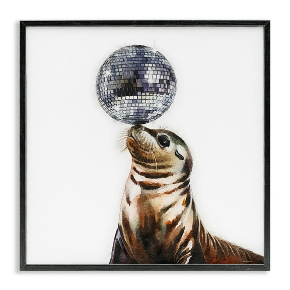 Stupell Industries Seal Balancing Disco Ball Animals Painting Black Framed Art Print Wall Art, 12 x 12