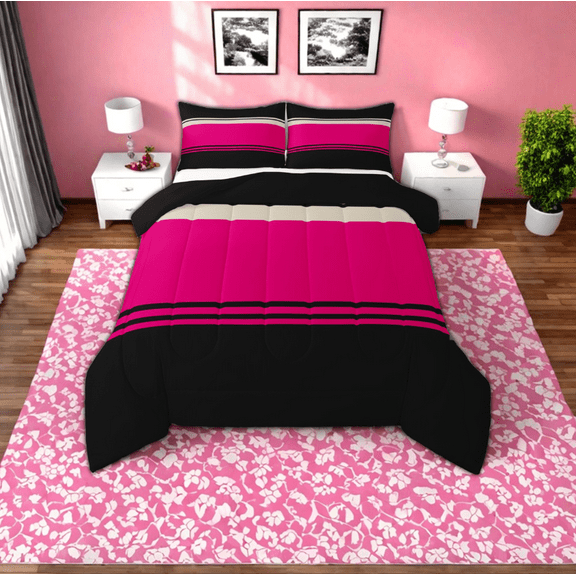 Manfei Modern Geometric Aesthetic Bedding Comforter Set,Stripes Lines Twin Comforter Sets,Pink Black Bedding Set For Children,Microfiber Bedroom Decor Reversible,2 Pieces