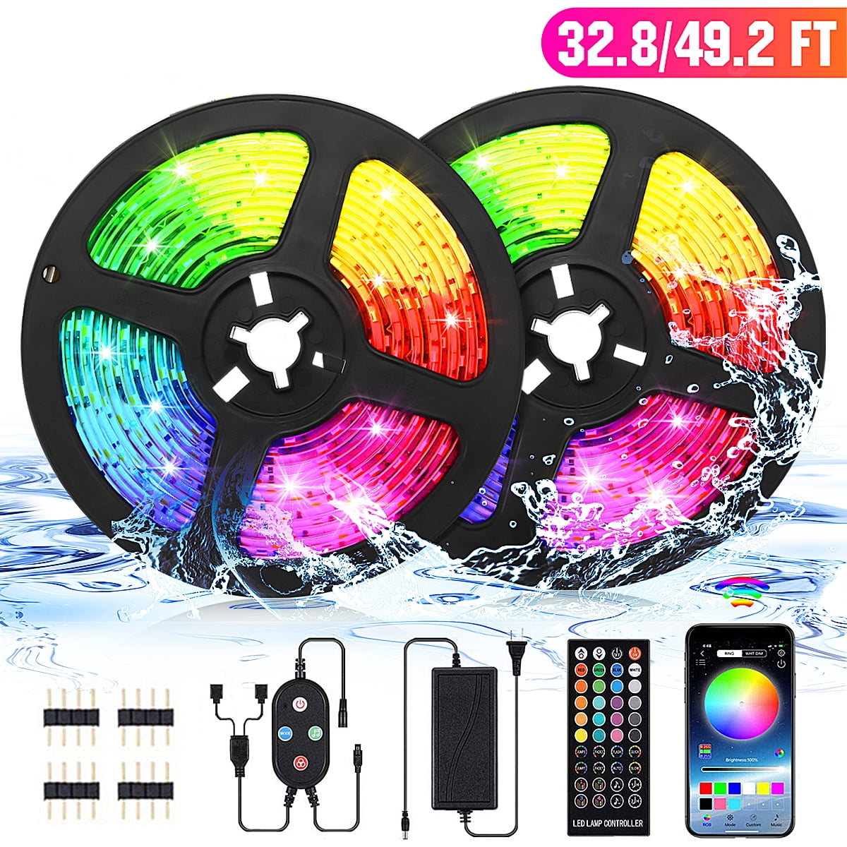 49FT RGB Flexible LED Strip Light 2835 Bluetooth Waterproof Remote 24Key Control 