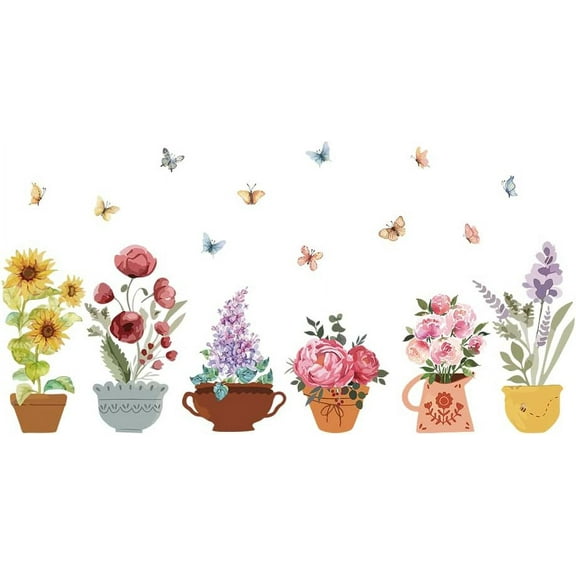 Colorful Peony Wall Stickers Rose Lilac Vinyl Removable Lavender Sunflower Butterfly Peel and Stick Wall Decals Flower Pot Potted Plant Art Picture Decor for Girls Bedroom Living Room