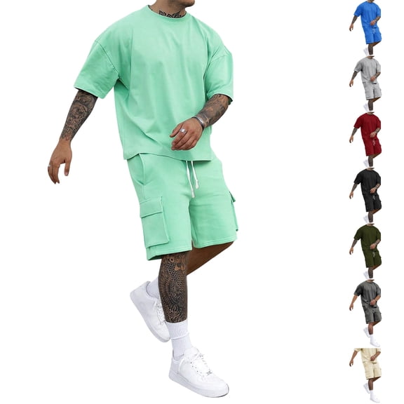 BRANROY Men's 2 Piece Short Set - Casual Tracksuit for Men, Summer Outfits Two Piece Set with T-Shirt and Shorts,Army Green,L