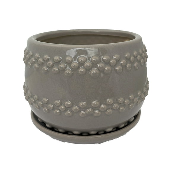 Seneca Ceramic Pot with Attached Saucer - 5" x 4.25" - Light Grey