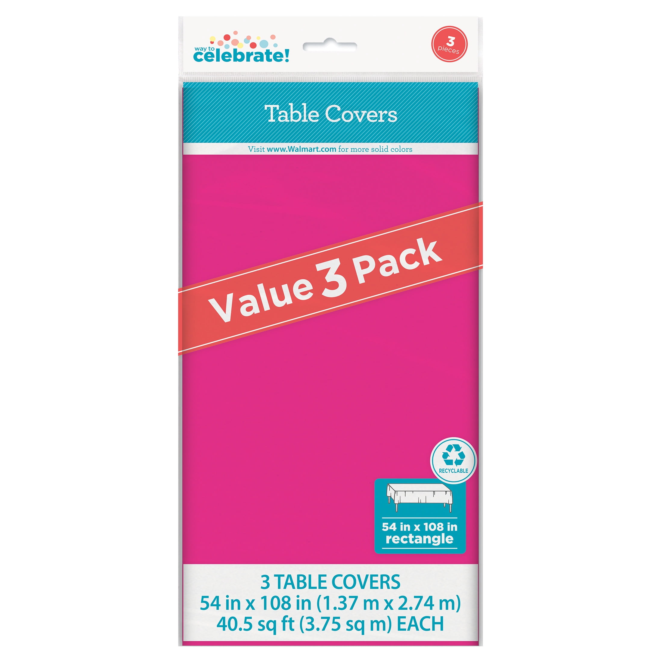 (4 pack) Way To Celebrate Plastic Rectangular Table Covers, Pink, 54 in x 108 in, 3 Count