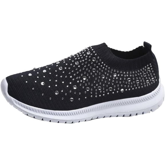 AngryMonkey Women's Rhinestones Mesh Sport Slip-on Shoes,anti slip Good Arch Breathable Lightweight Casual Sock Sneaker Nurse Shoes