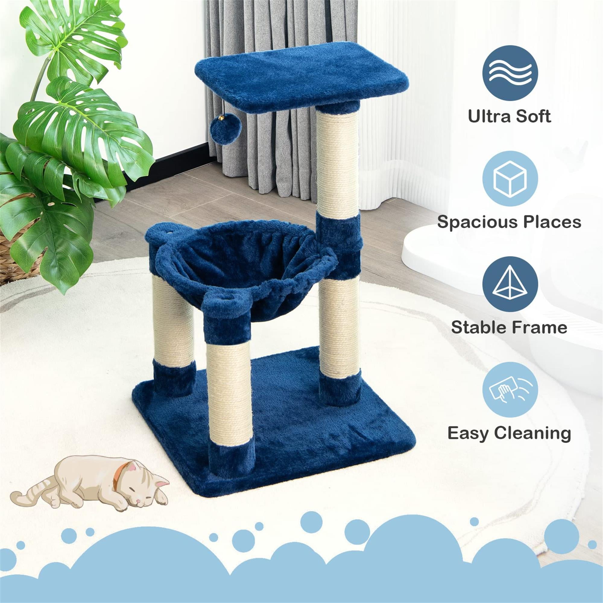Kadyn 25" Cat Scratching Post, Sisal Rope Scratcher Tree with Hammock and Dangling Ball, Multi-level Cat Tree for Kittens and Adult Cats, Blue