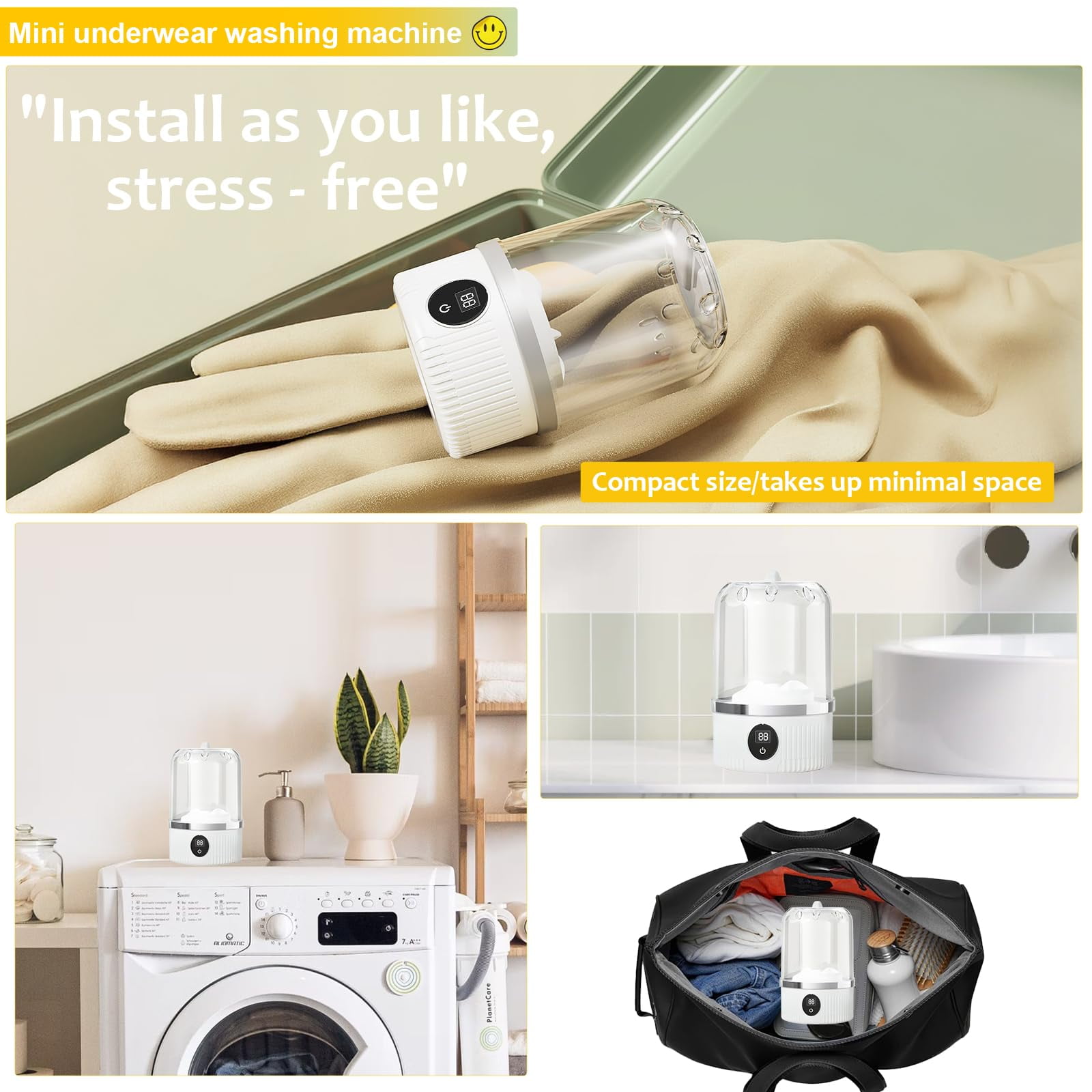 Underwear Washer,Portable Mini Washing Machine,Rechargeable Cordless Washing-Machine,Laundry Cup (white)