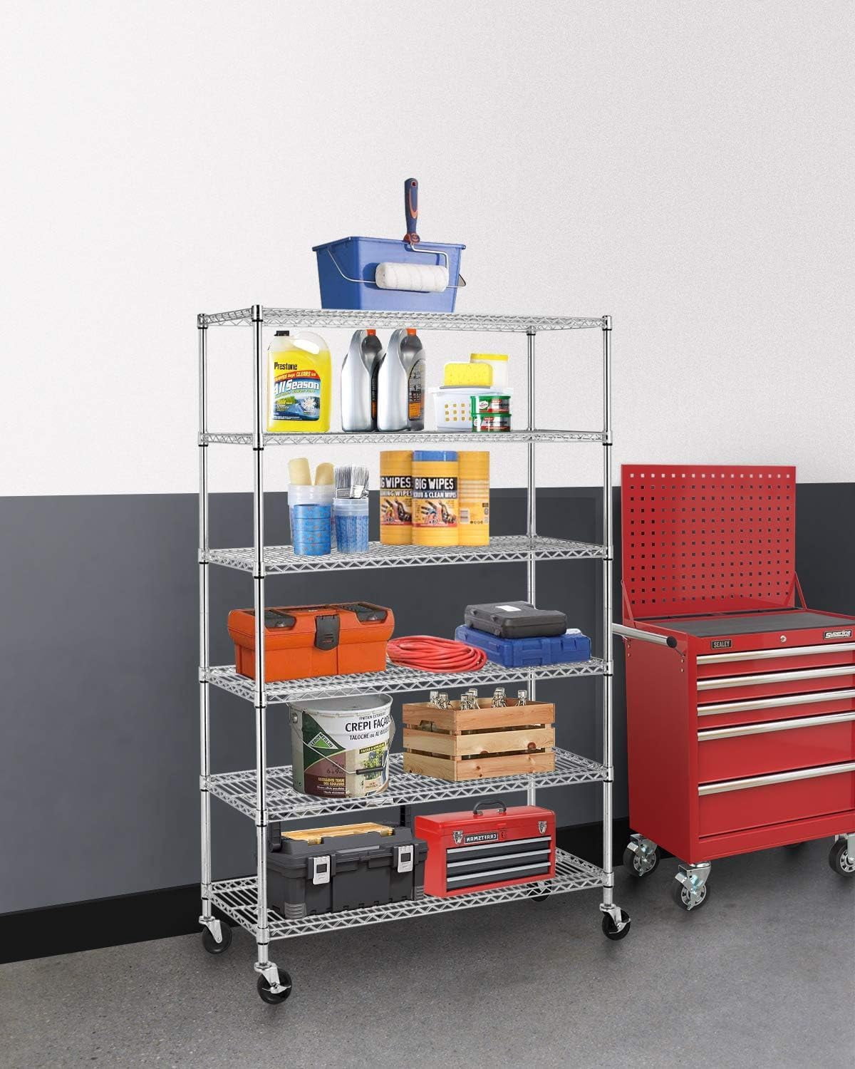 FDW Commercial 6 Tier Shelf Adjustable Steel Wire Metal Shelving Rack,18 x 48 x 72,Chrome