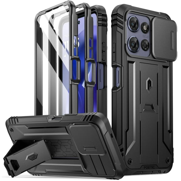 Poetic Revolution Case for Moto G Power 5G 2025 [Not Fit 2024 Version], [Slide Camera Cover], Full-Body Cover with Kickstand and Built-in-Screen Protector, Black