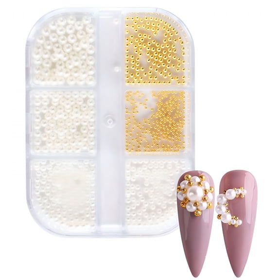 TUWAFE 1Box Pearl Decorations Nail Charms White Round Nail Parts Gold Steel Beads Balls Jewelry Nail Art Accessories