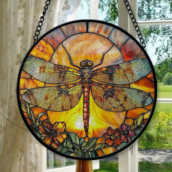 Dragonfly Stained Glass Suncatcher Panel  Handmade Window Hanging, Nature Lover Gift, Garden Insect Decor, Floral Sun Catcher Art, Stained Glass Ornament 2025, Holiday