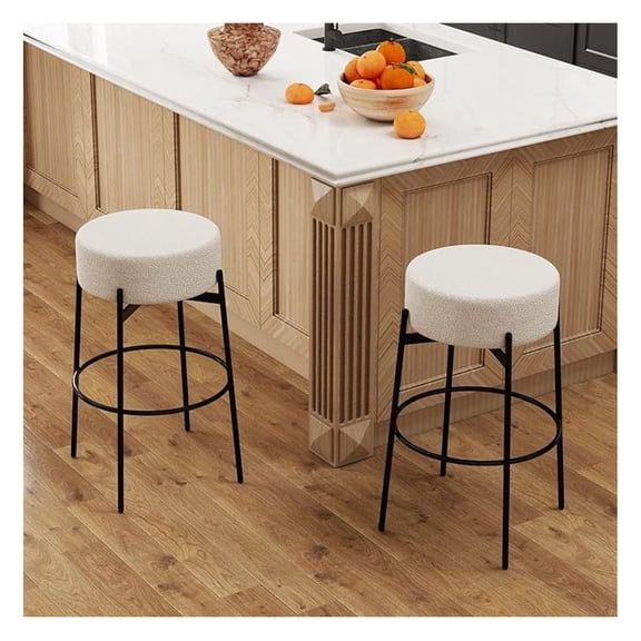 Modern Rotatable Bar Stools Set of 2, 30" Swivel Counter Height Stools with Round Soft Padded Boucle Backless Seat, White