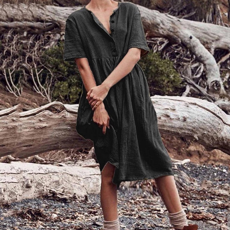safuny Women's Tea Length Cotton Linen Dress Clearance Solid