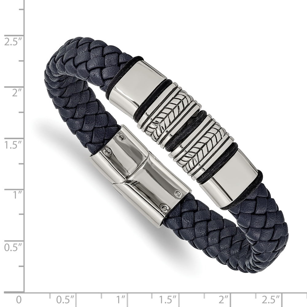 Diamond2Deal Stainless Steel Antiqued and Polished Braided Blue Leather with Black Silicone Bracelet for Men 8.25"