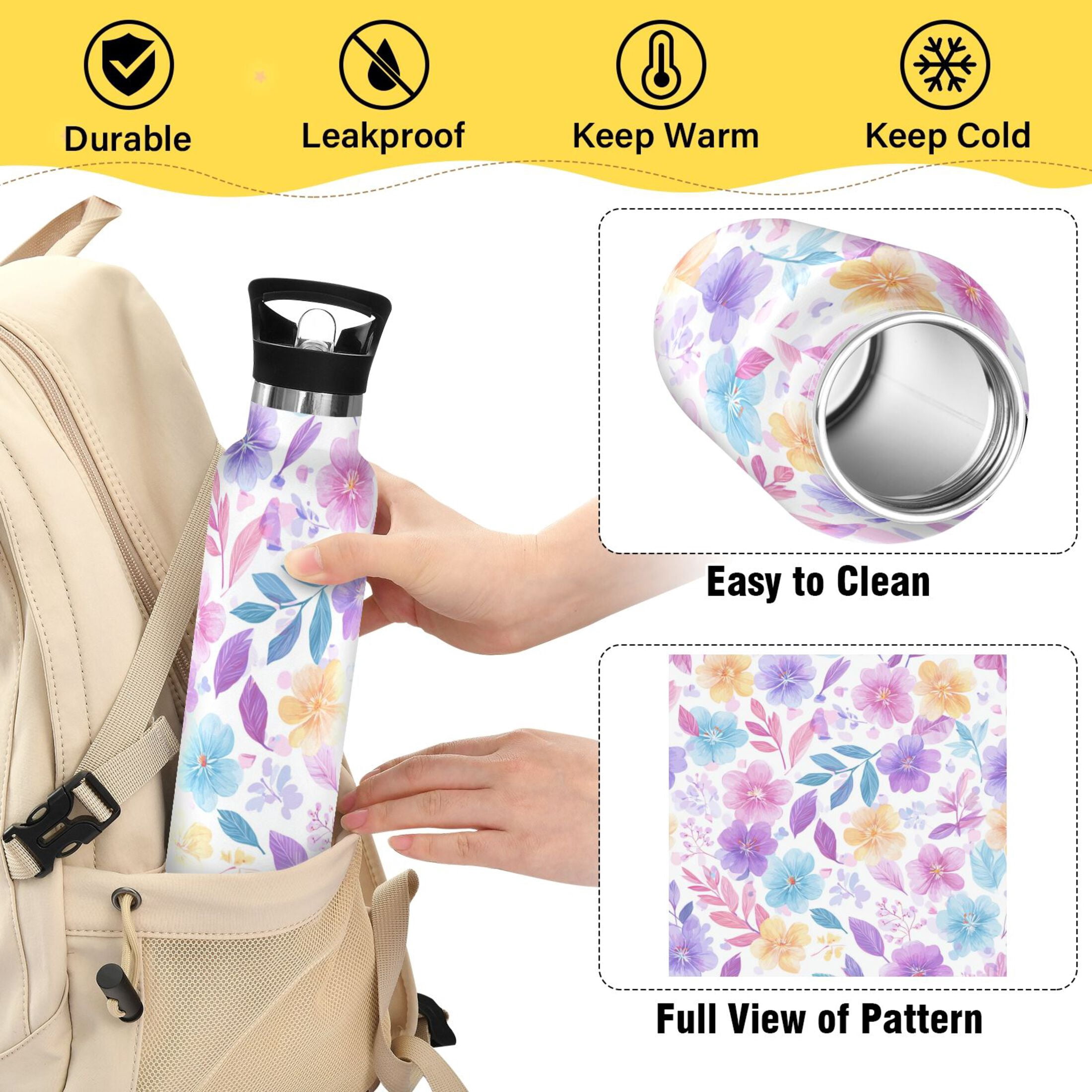Kids Insulated Stainless Steel Sports Water Bottle 600ml (20oz) Pink and Purple Flowers