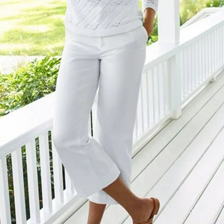 VEKDONE Women's Linen Capris Pants Elastic High Waisted Straight