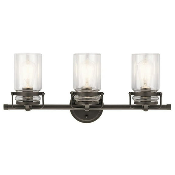 3 Light Vanity Light Approved for Damp Locations with Vintage Industrial Inspirations 10 inches Tall By 24 inches Wide-Olde Bronze Finish Bailey
