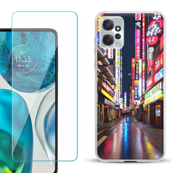 OneToughShield ® for Motorola Moto G Power 5G 2023 Shockproof Fashion Phone Case, with Tempered Glass Screen Protector - Neon Street