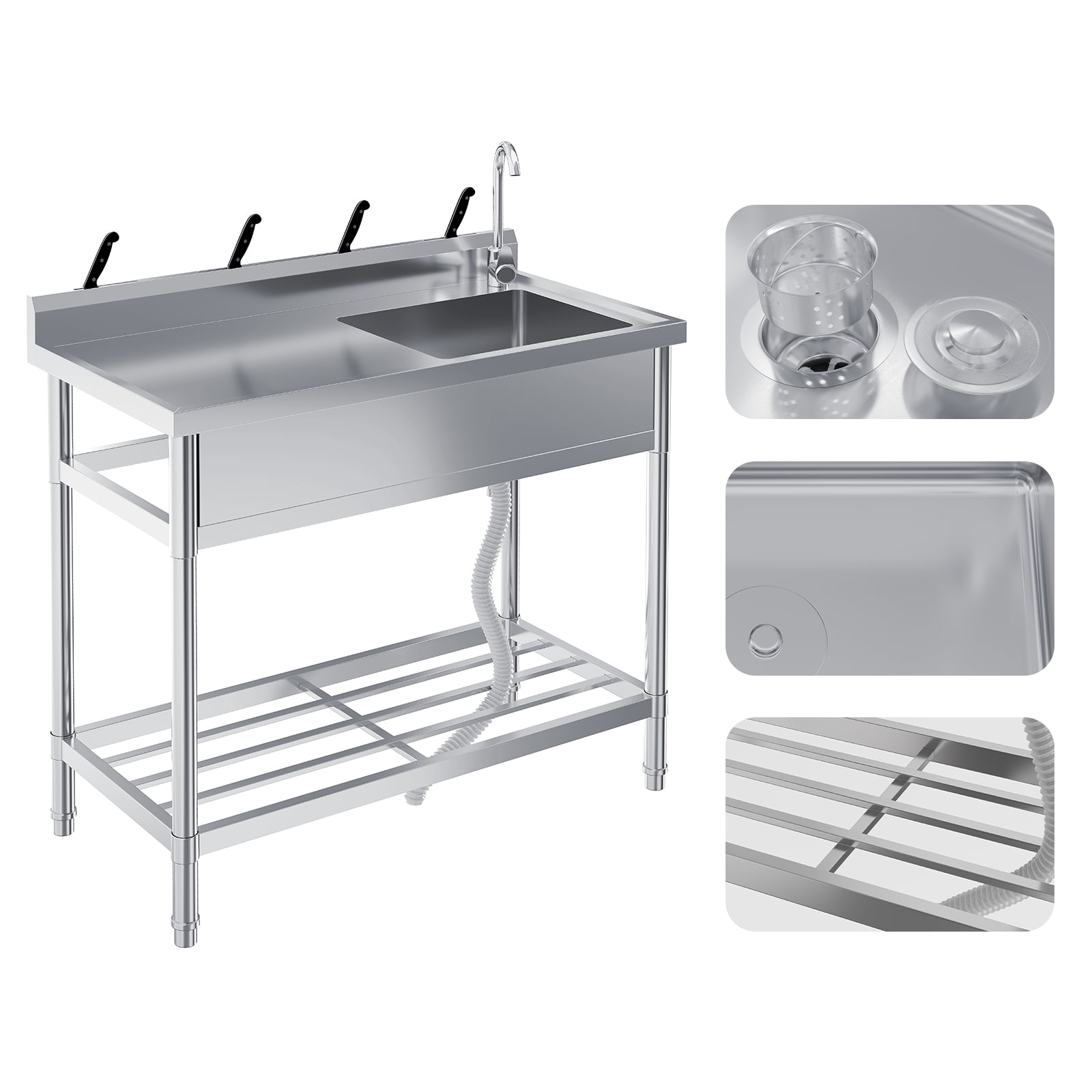 Stainless Steel Utility Sink, 39 Inch Single Bowl Free Standing Sink with Workbench, Faucet & Hot & Cold Water Plumbing for Laundry Room, Kitchen, Garage, Workshop, Outdoor Use, Heavy-Duty