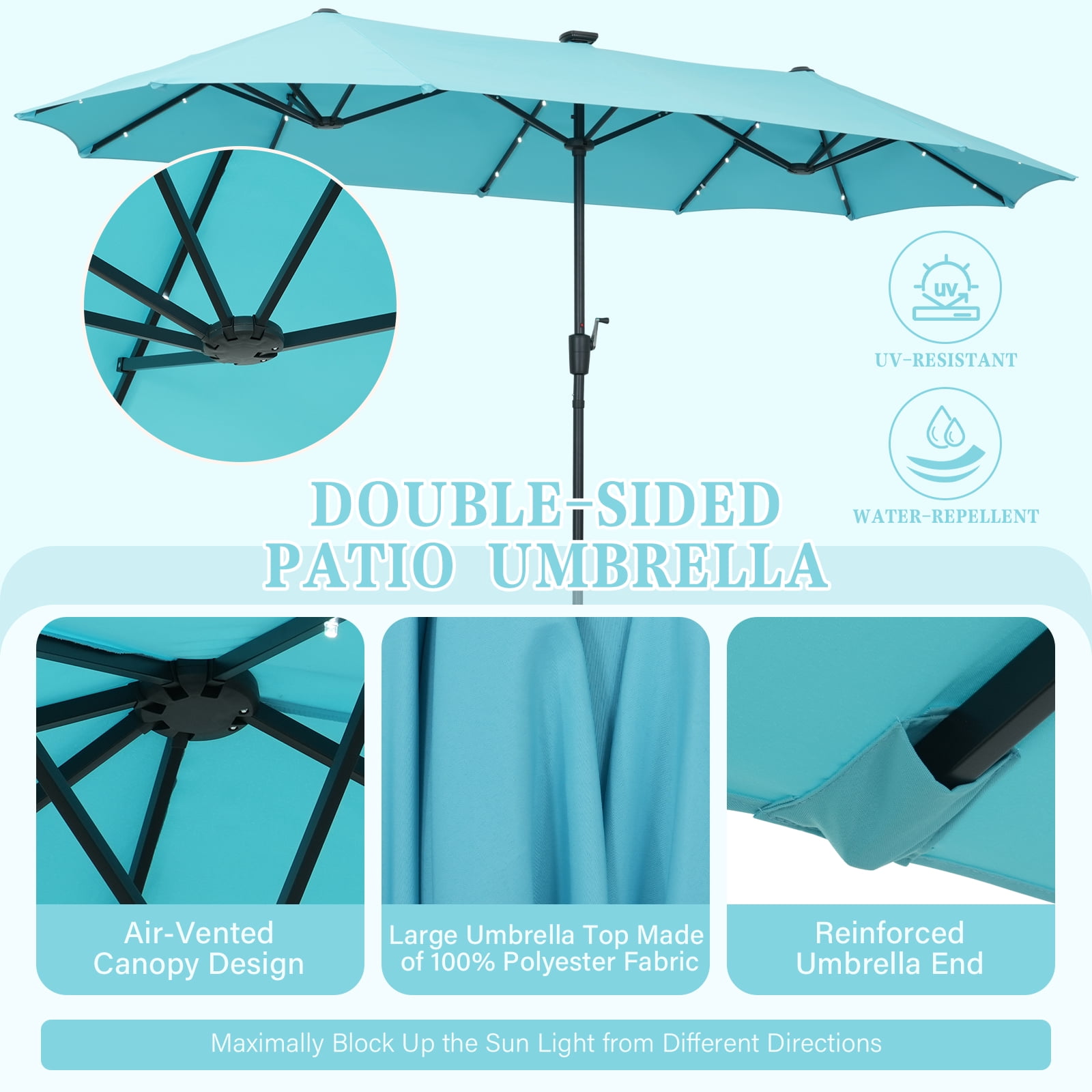 Autlaycil 13' Blue Patio Umbrella with Crank System and 36 Solar Powered LED Lights for Outdoor, Market, Beach, Garden, Yard, Party