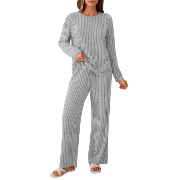 Womens Lounge Sets 2 Piece Matching Pajamas Fall Fashion Ribbed Knit Outfits Long Sleeve Casual Sweatsuits Gray L