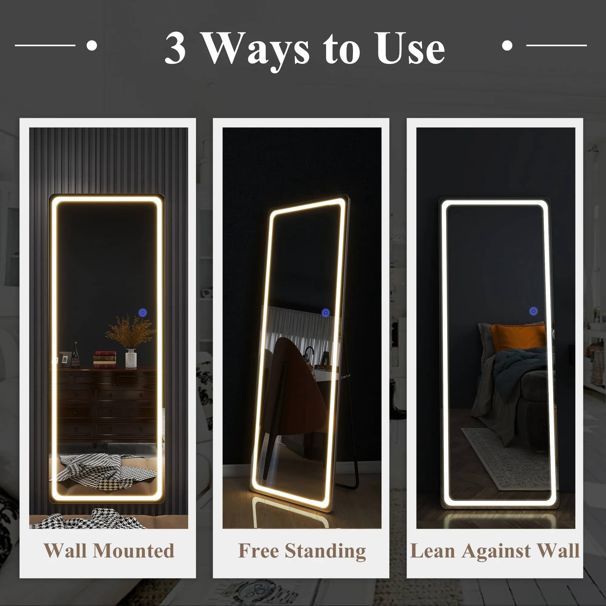 63"x16" LED Frameless Full-length Mirror for Bathroom，Aluminum Alloy Rectangular Mid-Century Mirror with Bracket, Silver