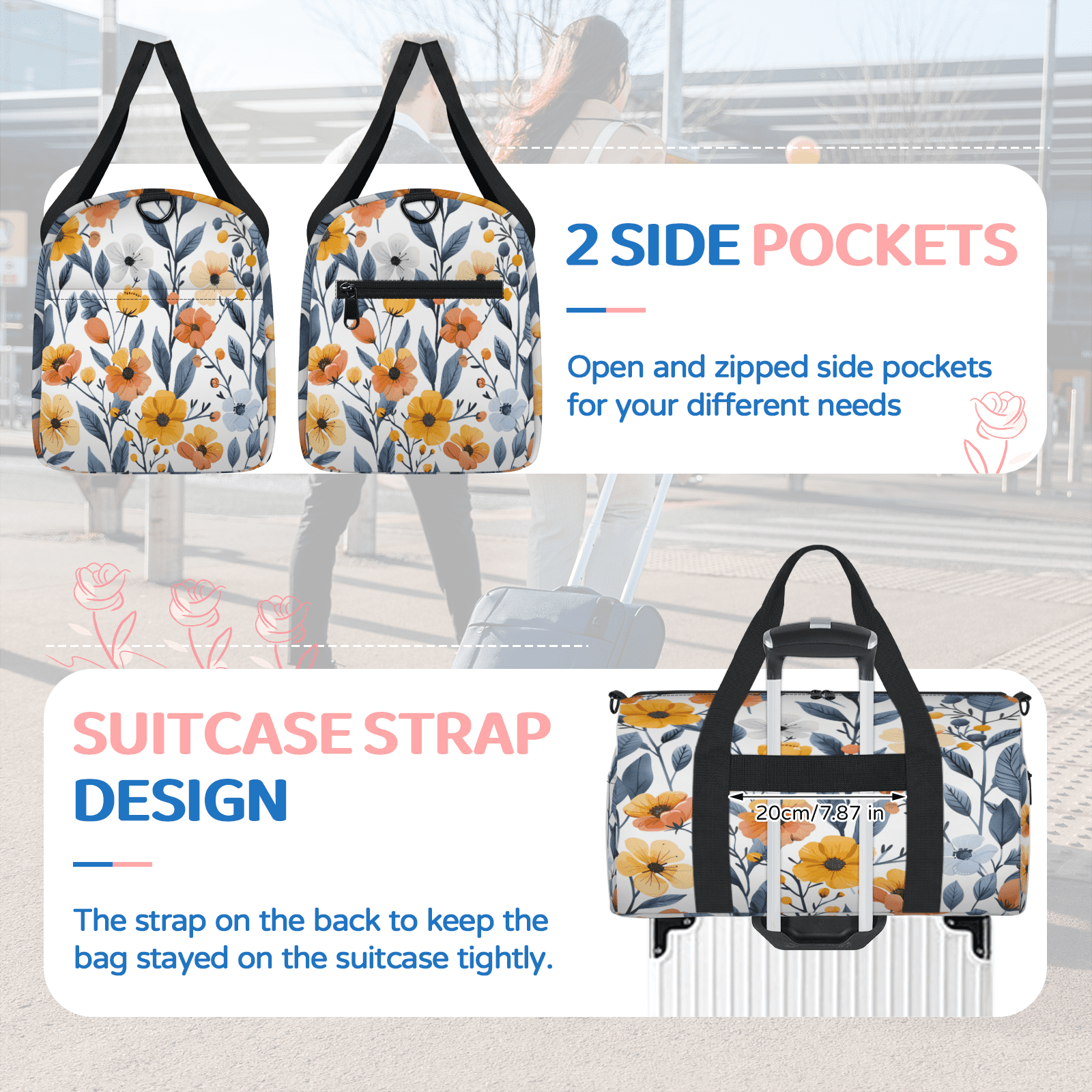 Herdesigns Flower Print Gym Bag for Women, Duffle Bag for Travel Sport, Lightweight Waterproof Carry on Weekender Overnight Dance Yoga Workout Bags