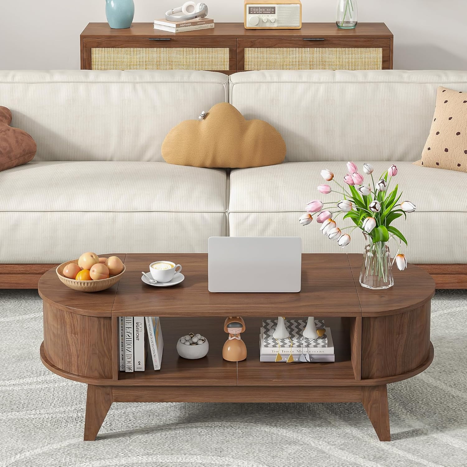 Coffee Table with 2 Hidden Compartment, Wooden Coffee Table with Open Shelf, Center Table for Living Room, Walnut Color