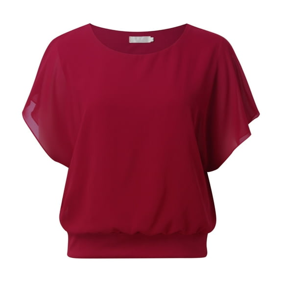 FINALGANG Womens Solid Color Crewneck Cap Sleeve Blouse Short Sleeve Loose Fit Flowy Chiffon Top For Summer Spring Casual Daily Wear Red XXL
